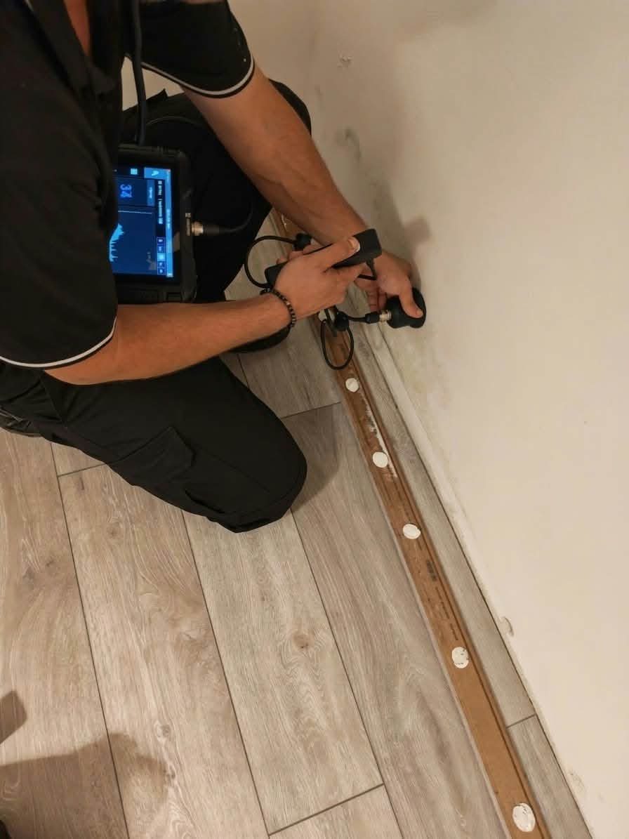 Mjerenje geofonom uz rub poda s označenim mjernim točkama po liniji cijevi i prikazom zvuka na zaslonu